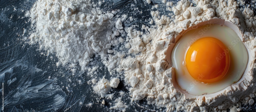 Leinwandbilder on a table a raw chicken egg coated in flour with a vivid yolk beside wheat flour set as baking ingr