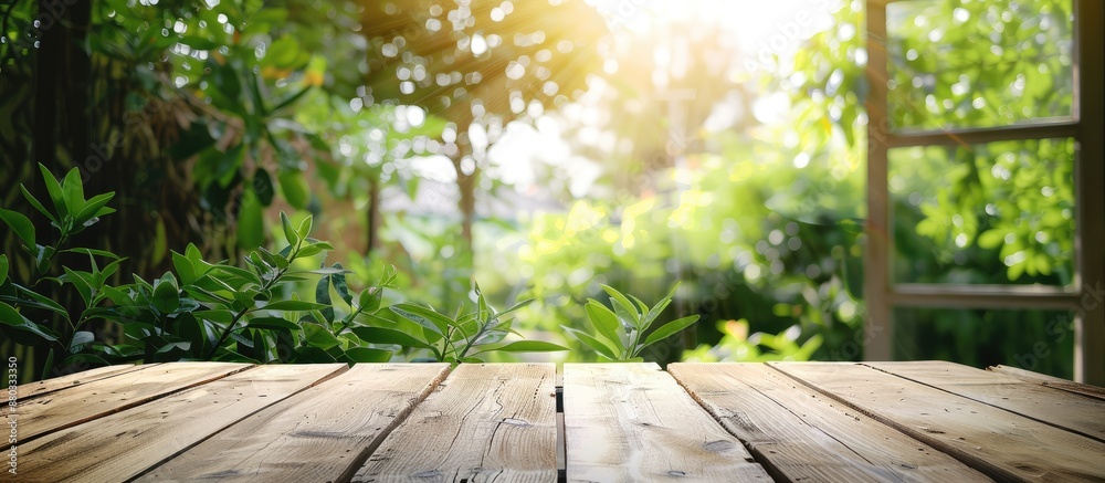 Poster blurry green garden background visible on wooden table by a window suitable for product display mont