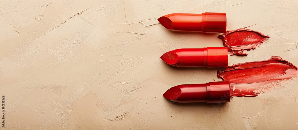 Poster top view of lovely lipsticks smudges on a beige backdrop with a copy space image