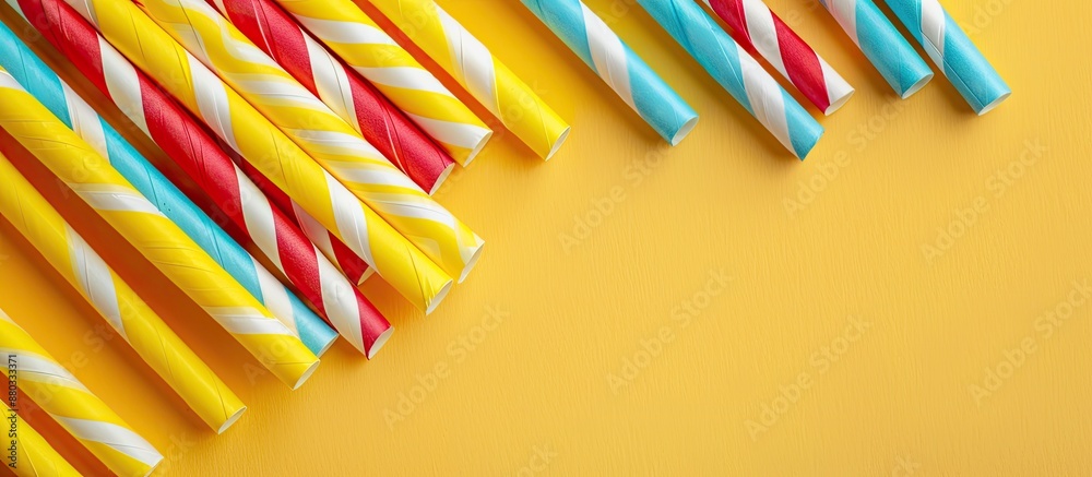 Poster Vibrant paper straws against a yellow backdrop with available space for adding text in the image. with copy space image. Place for adding text or design