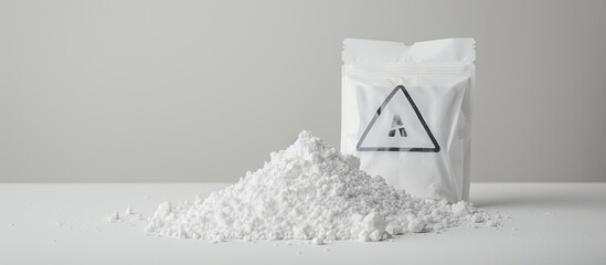 A white toxicity warning sign displayed with white toxic powder near a packet of washing powder over a white background with copy space image