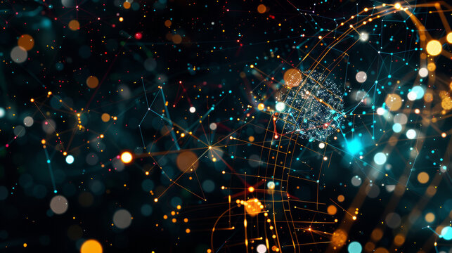 Digital image of mathematical equations and connections on a black background. Representing the global network of science, technology, and communication.