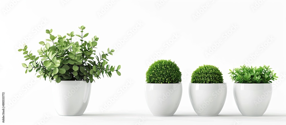Poster isolated small green plants in white pots on a white background with ample copy space image