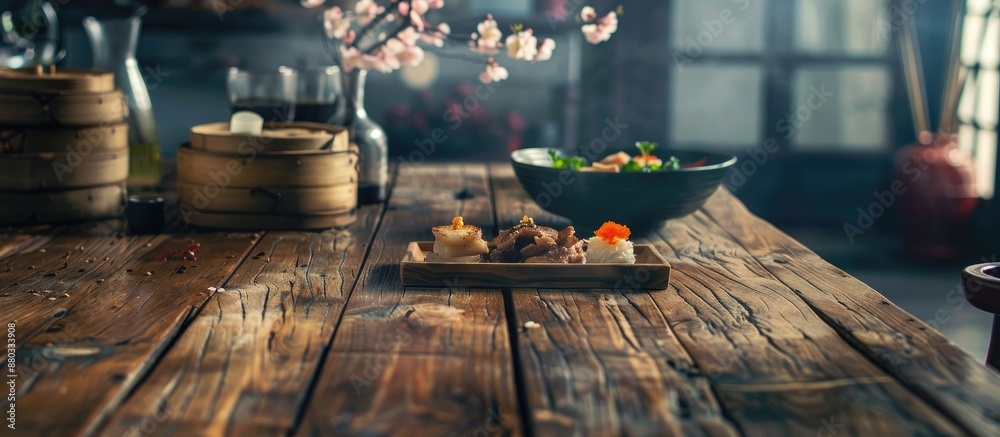 Leinwandbilder asian food themed table setting on a wooden surface with a perspective view and ample space for text