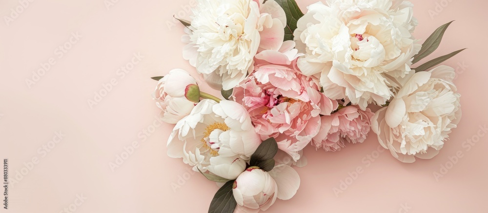 Poster A floral arrangement featuring white and pink peonies on a soft pastel backdrop with areas for text or graphics Flat view for a nature theme. with copy space image. Place for adding text or design