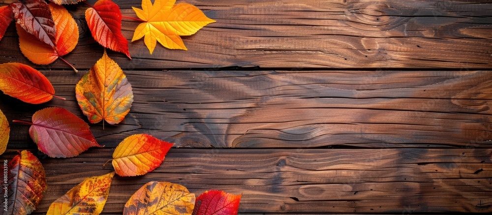Fototapete Colorful autumn leaves on a wooden background viewed from above with space for text in the image. with copy space image. Place for adding text or design