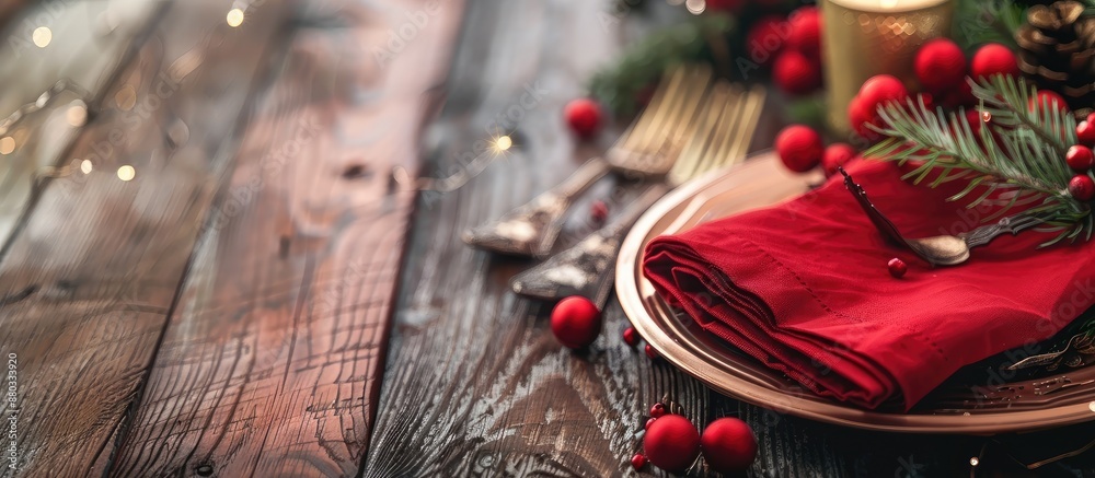 Aufkleber Wooden table setting with a red napkin and festive Christmas background like a copy space image