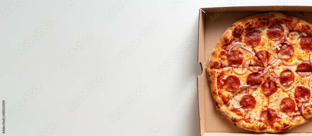 Poster Close up of a pizza box against a white backdrop with ample copy space image