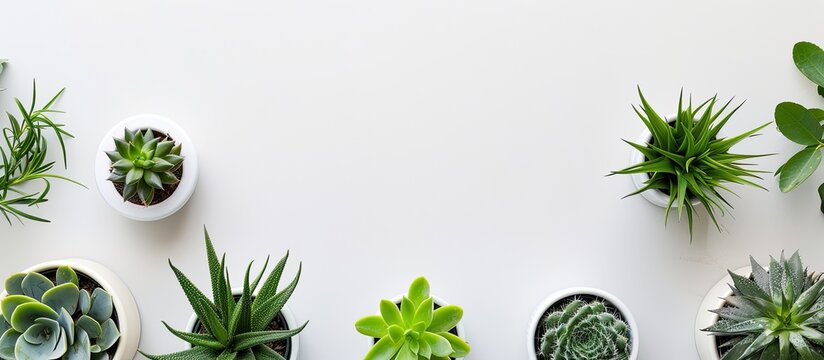 An aerial shot displaying different office desk plants with a clear background for a copy space image
