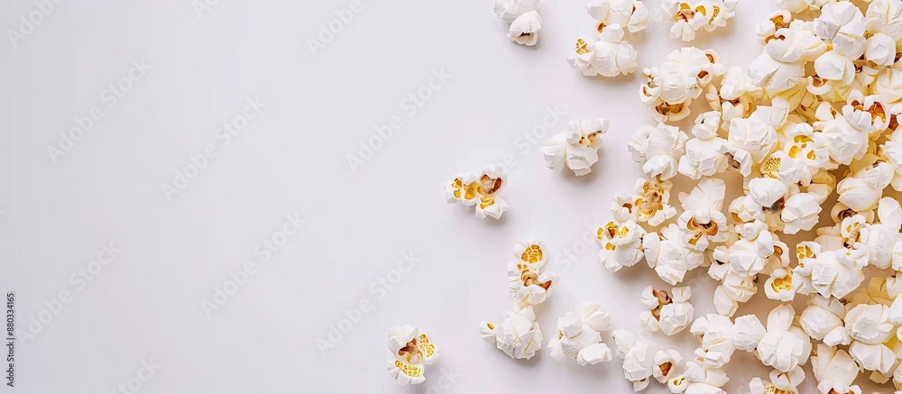 Poster Top view of appetizing popcorn on a white surface with copy space image