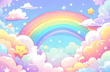 pastel background with pink, blue and purple clouds in the sky, rainbow and stars
