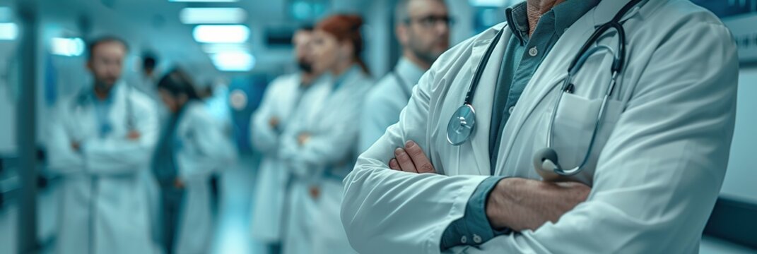 Doctor with Arms Crossed Standing in Hospital Corridor