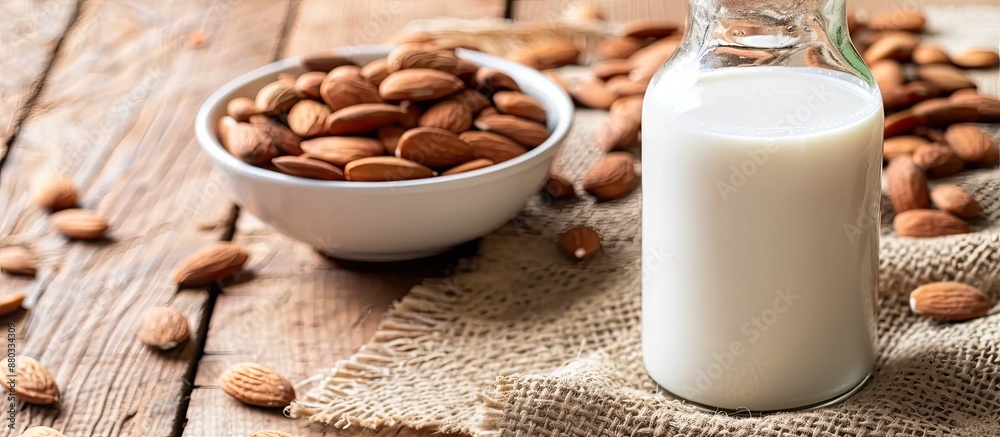 Leinwandbilder A bowl with almonds sits next to a glass bottle of almond milk on a table with a blank area for additional content in the image