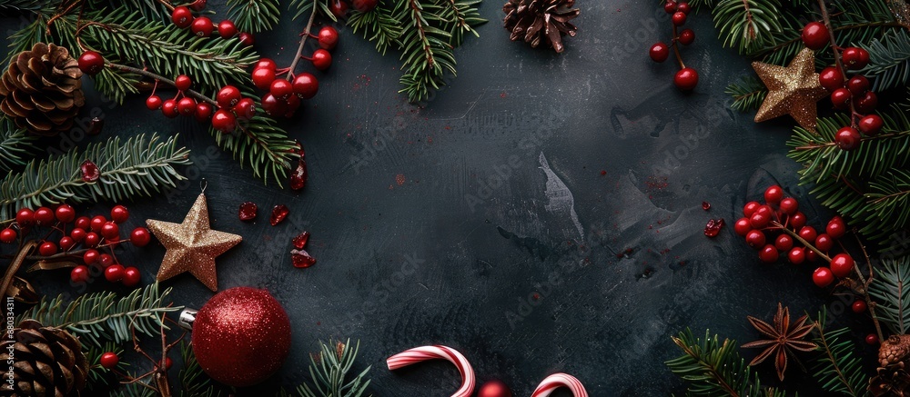 Poster Overhead view of a festive Christmas arrangement including berries star ornaments candy canes and spruce branches with space for adding text or images. with copy space image