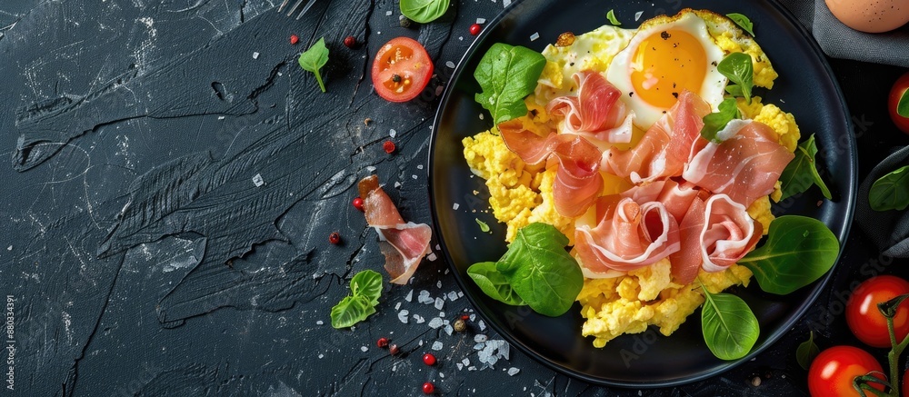 Poster Scrambled eggs with prosciutto and salad presented on a dark grey slate background with copy space image