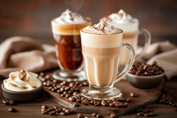 Variety of coffee like cappuccino, macchiato, milk coffee, hot drink for breakfast, take a break
