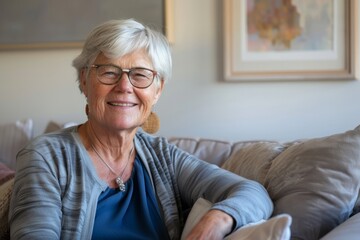 Active and mature elderly retired women at home for profile shots. Female retirees sit on the couch, look into the camera with a happy smile, enjoy retirement, talk on video conference calls,