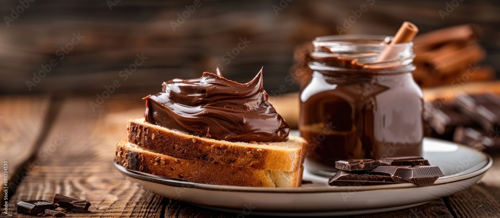 Leinwandbilder chocolate cream in an open glass jar and a slice of bread with a chocolate spread on a white plate a
