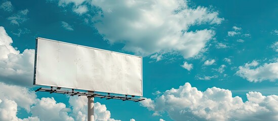 A white billboard with space for text against a backdrop of blue sky and white clouds is ideal for outdoor ads or banners complete with clipping path for easy editing. with copy space image