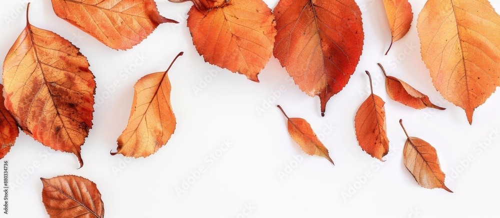Poster autumn leaves set against a blank white backdrop providing a copy space image