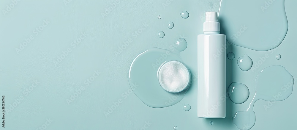 Fototapete cosmetic product displayed in a top view copy space image on a light blue background with a sample o