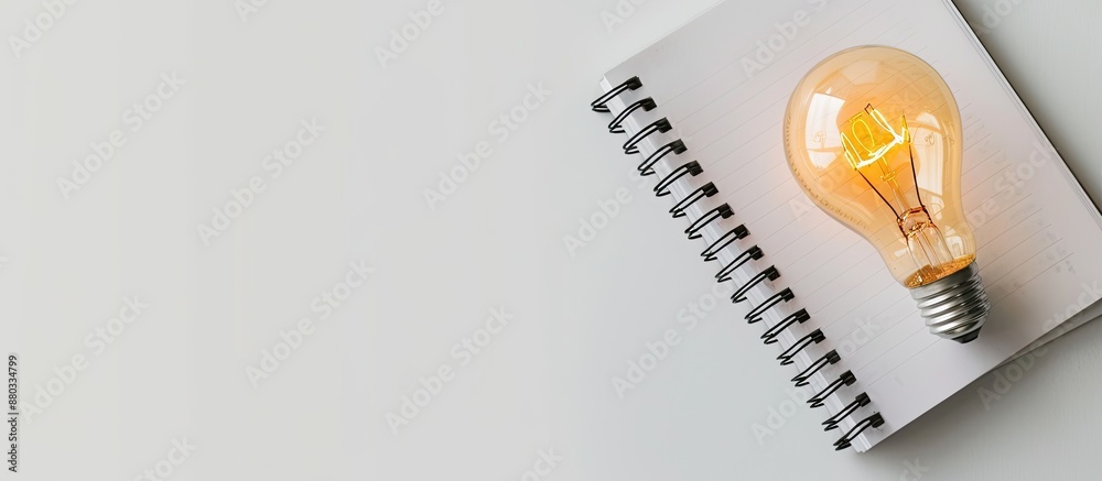 Poster Minimalist concept with a light bulb notebook and pencil on a white background representing business planning with copy space image