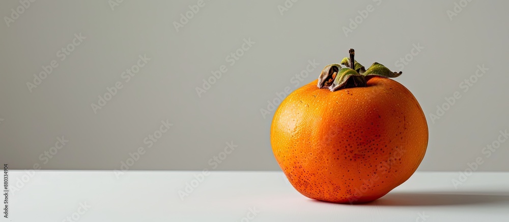 Fototapete a ripe persimmon displayed on a plain white backdrop with copy space image