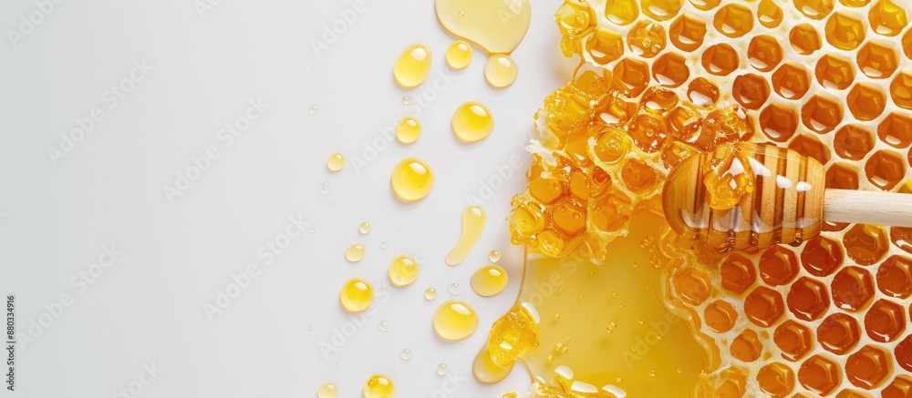 Poster close up view of honey and beeswax on a white background with copy space image