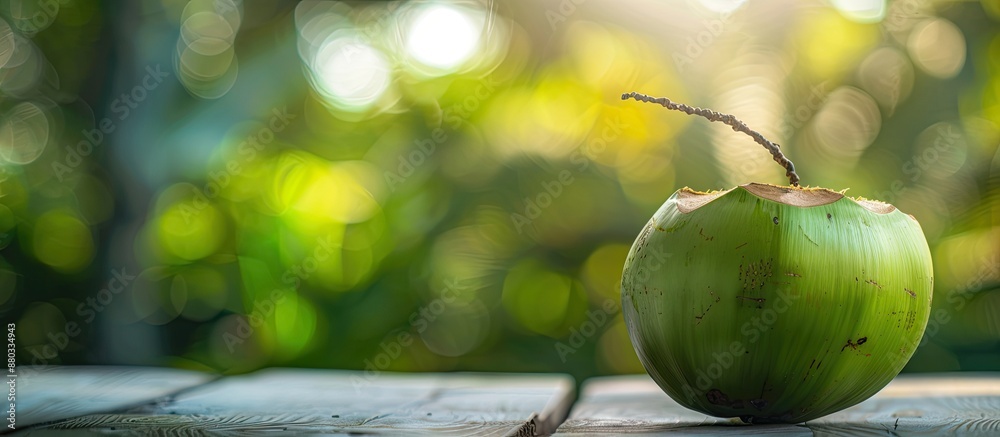 Leinwandbilder A green coconut on a wooden surface with blurred background allowing room for text or other elements in the image. with copy space image. Place for adding text or design