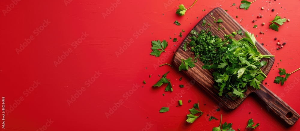Poster dark red background holding a chopping board with parsley perfect for cooking designs due to the ava
