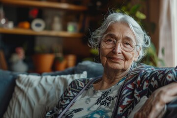 Active and mature elderly retired women at home for profile shots. Female retirees sit on the couch, look into the camera with a happy smile, enjoy retirement, talk on video conference calls,