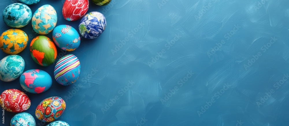 Aufkleber colorful easter eggs resembling earth on a blue paper backdrop with copy space image for an easter m