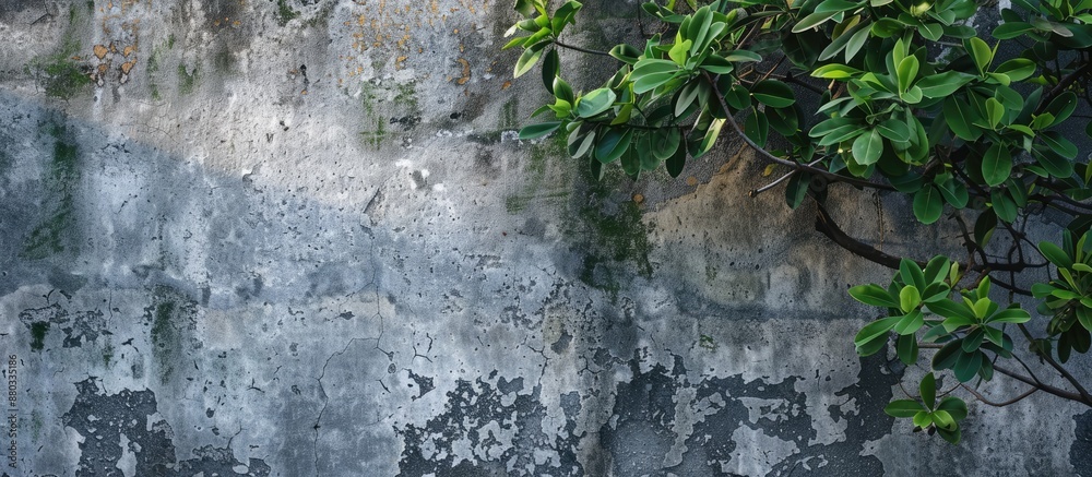 Poster weathered cement wall next to green tree branches ideal copy space image for architectural backgroun