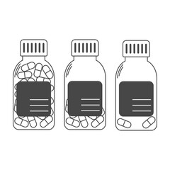 Set of full, half filled and empty plastic bottles with pills. Biologically active vitamins in container