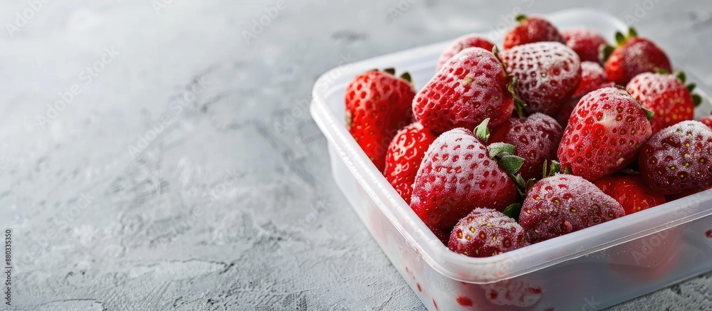 Poster a square container filled with frozen strawberries with space available for additional content in th