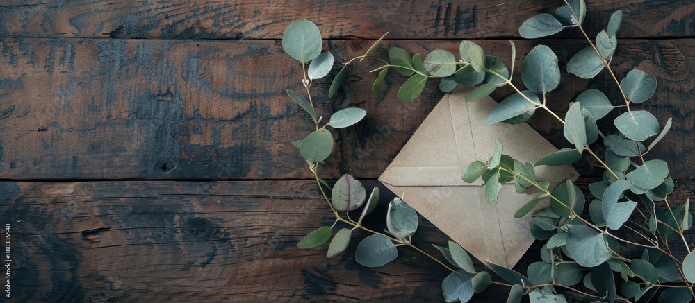 Aufkleber Top down view of a eucalyptus branch and a decorative envelope placed on a wooden surface with space available for adding text. with copy space image. Place for adding text or design