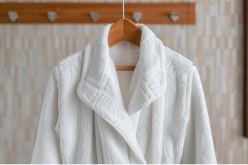 A contemporary photograph of a plush white bathrobe from a hotel, prominently displayed on a wooden hanger, conveying luxurious comfort and readiness for use.