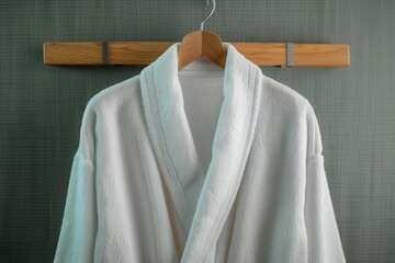 Closeup of a hotels plush bathrobe hanging on a wooden hanger, ready for use, Contemporary, White, Photograph, Luxurious comfort
