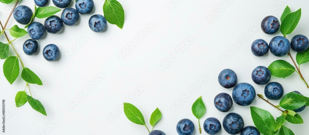 Aufkleber a top down view of a frame made with fresh blueberries leaves and a white background with space for 
