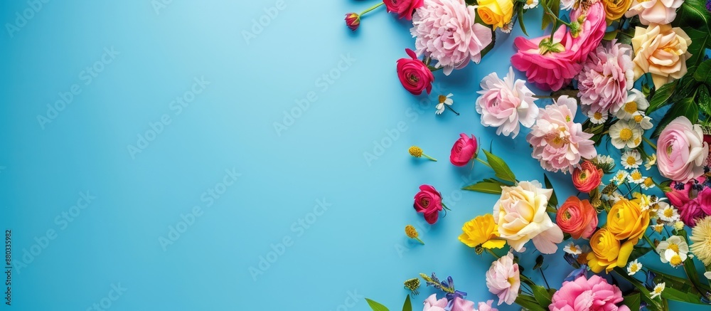 Fototapete table with lovely flowers on a blue backdrop with a vacant section for text alongside a image. with 