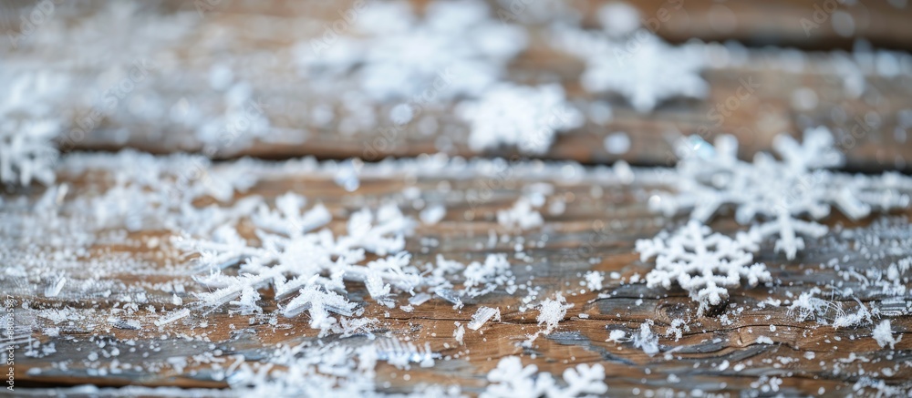 Poster close up macro shot featuring snowflakes on a vintage wooden backdrop with selected focus ideal as a