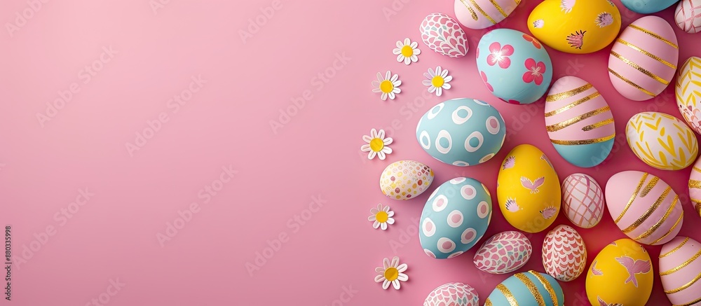 Poster Top down view of vibrant Easter eggs on a pink background with ample copy space image