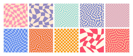Groovy checkered pattern, colorful distorted tiled grid. Vintage wavy curved backdrop, distortion effect. Funky geometric chessboard texture, retro background in 90s style, y2k. Vector illustration