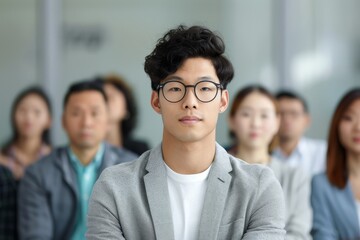 Fototapeta premium An Asian speaker man with glasses is standing in front of a group of people