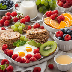 A fresh and healthy breakfast with fruits and a cup of milk