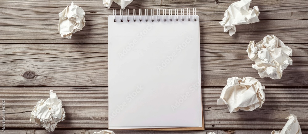 Poster wooden floor with crumpled paper surrounding a white note paper pad providing a copy space image