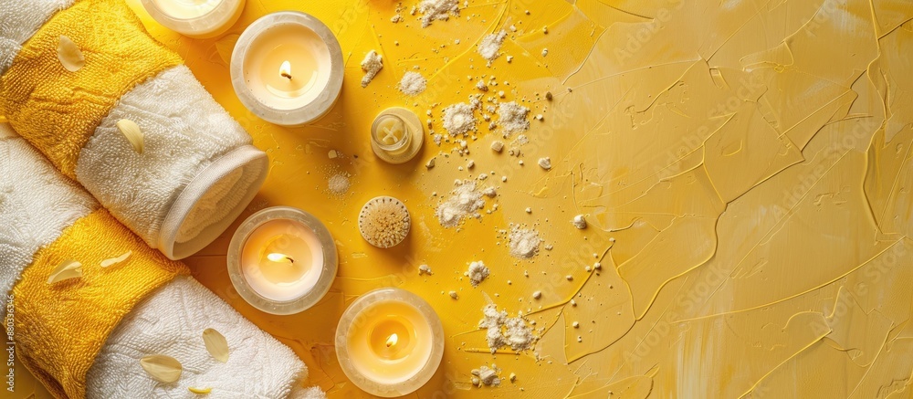 Aufkleber a spa themed flat lay arrangement with scented candles towel and lotion on a bright yellow surface p