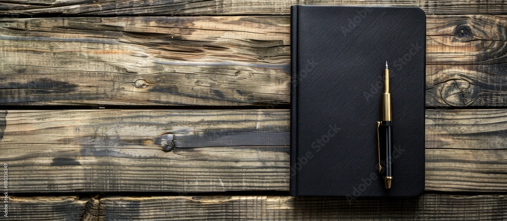 Poster Wooden background with a black notebook and pen offering ample copy space image