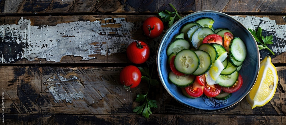 Aufkleber Fresh cucumber salad with tomatoes and lemon on a rustic wooden backdrop ideal as a copy space image