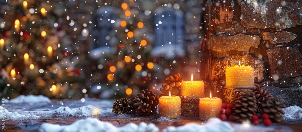 Aufkleber A festive scene with candles in the snow against a stone wall perfect for adding text or images within the frame. with copy space image. Place for adding text or design